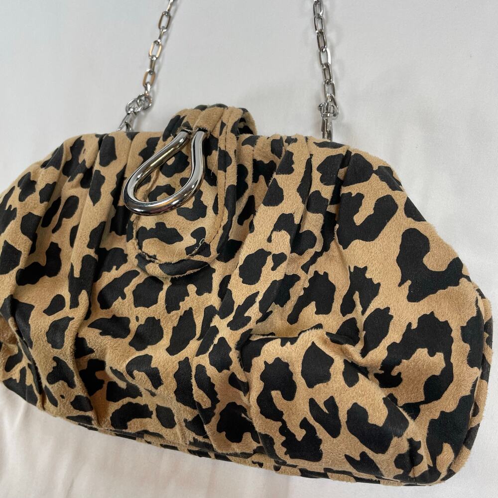 Nine West Leopard Print Faux Suede Pouch Clutch Bag Tan Black Chain Strap - Picture 2 of 8